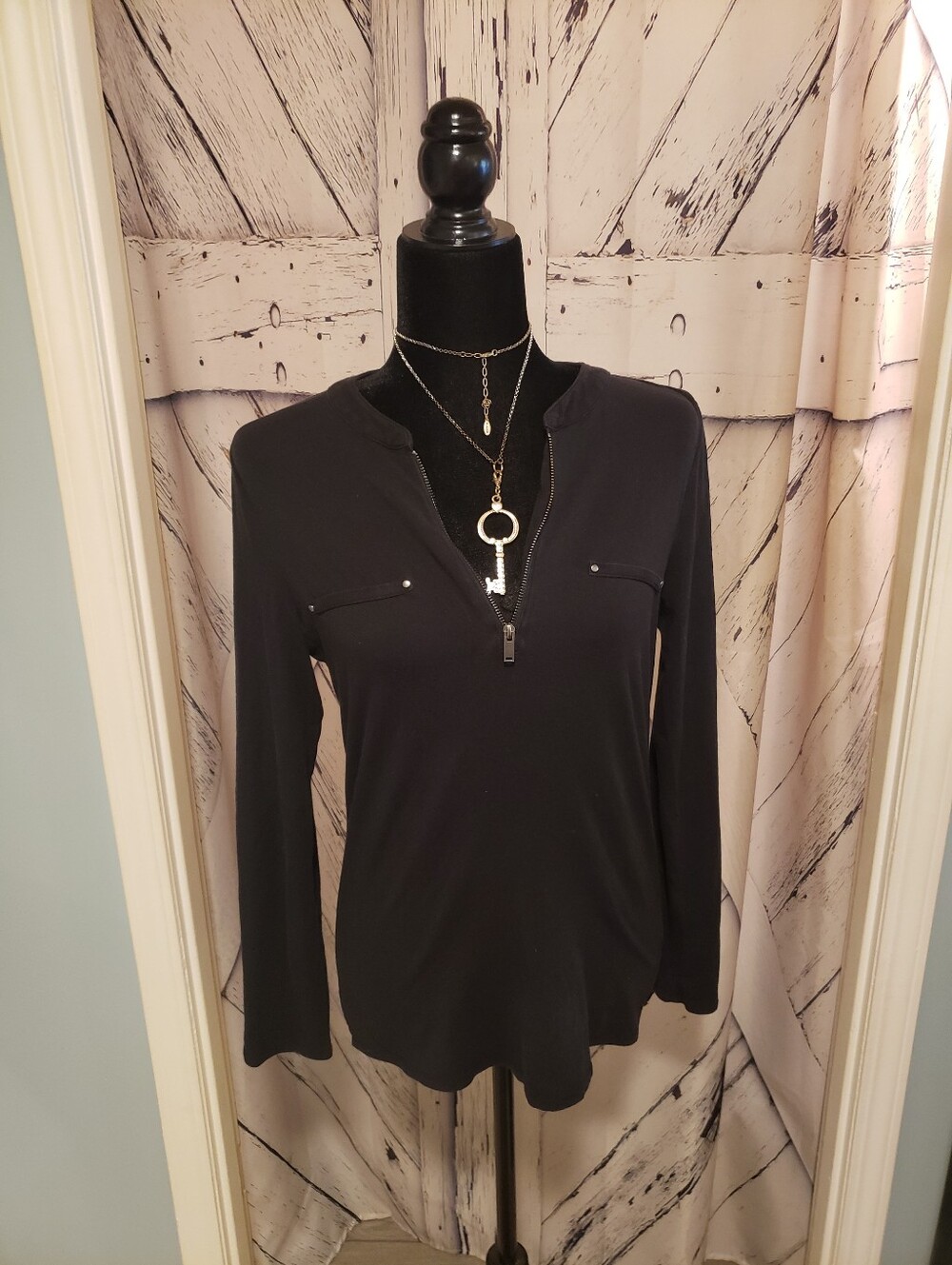 Women's Black Zip-Notch Long Sleeve Top